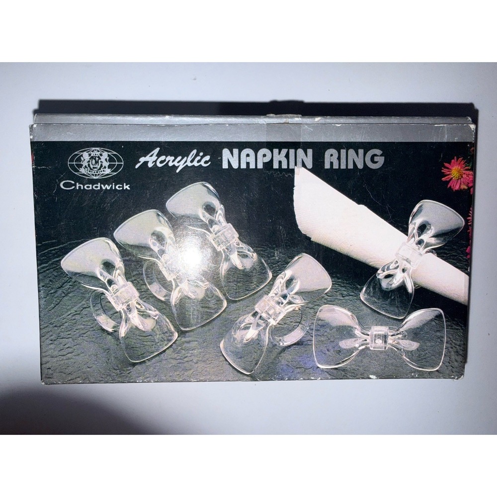 Vintage Chadwick  Holiday Acrylic Napkin Rings Bow‎ Set Of 6 Clear With Box 3" Q
